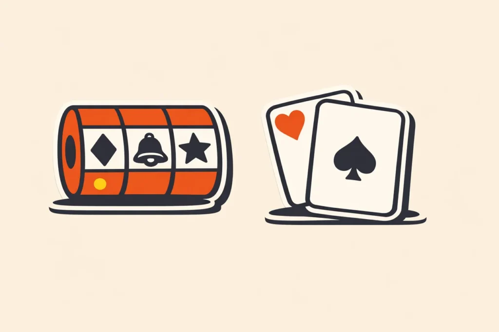 Slot-hjul med tre symboler bredvid fanade playing cards som visar slots vs table-games bidragsprocent